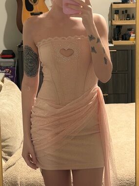 Cider Strapless Mini Dress in Blush Pink with Heart Cutout